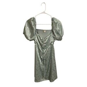 Altar’d State Sage Green Satin Floral Open Back Puff Sleeve Mini Dress Sz Med